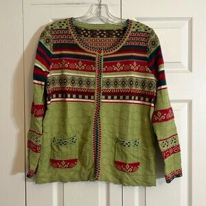 VTG Holiday Christmas Cardigan Sweater Green Red With Pockets Women’s Large.  H1